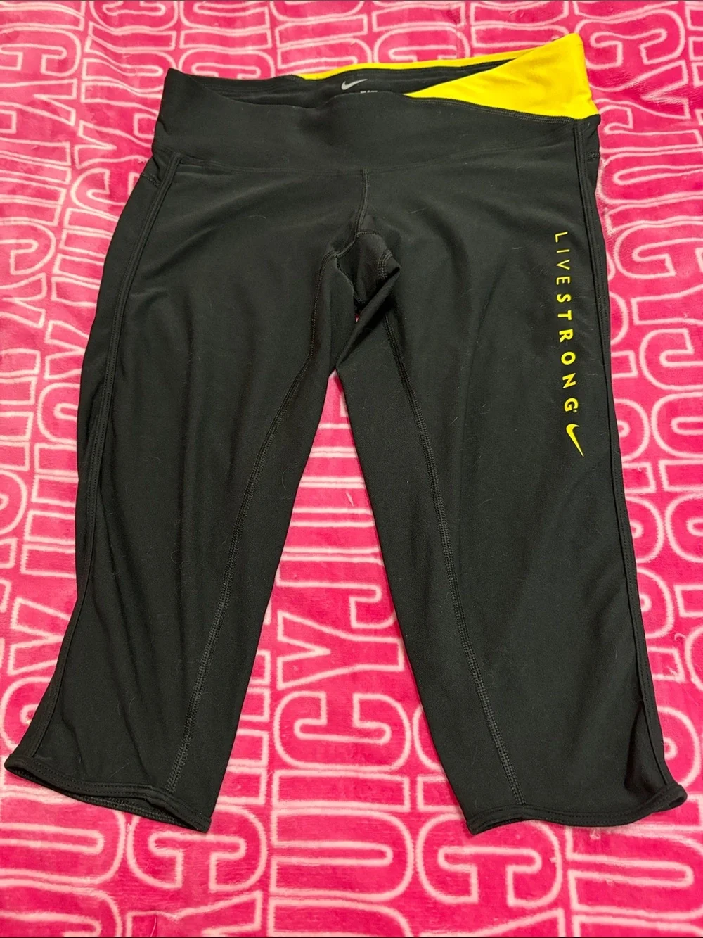 Nike Black Capri Leggings with Yellow Waist and Livestrong Logo